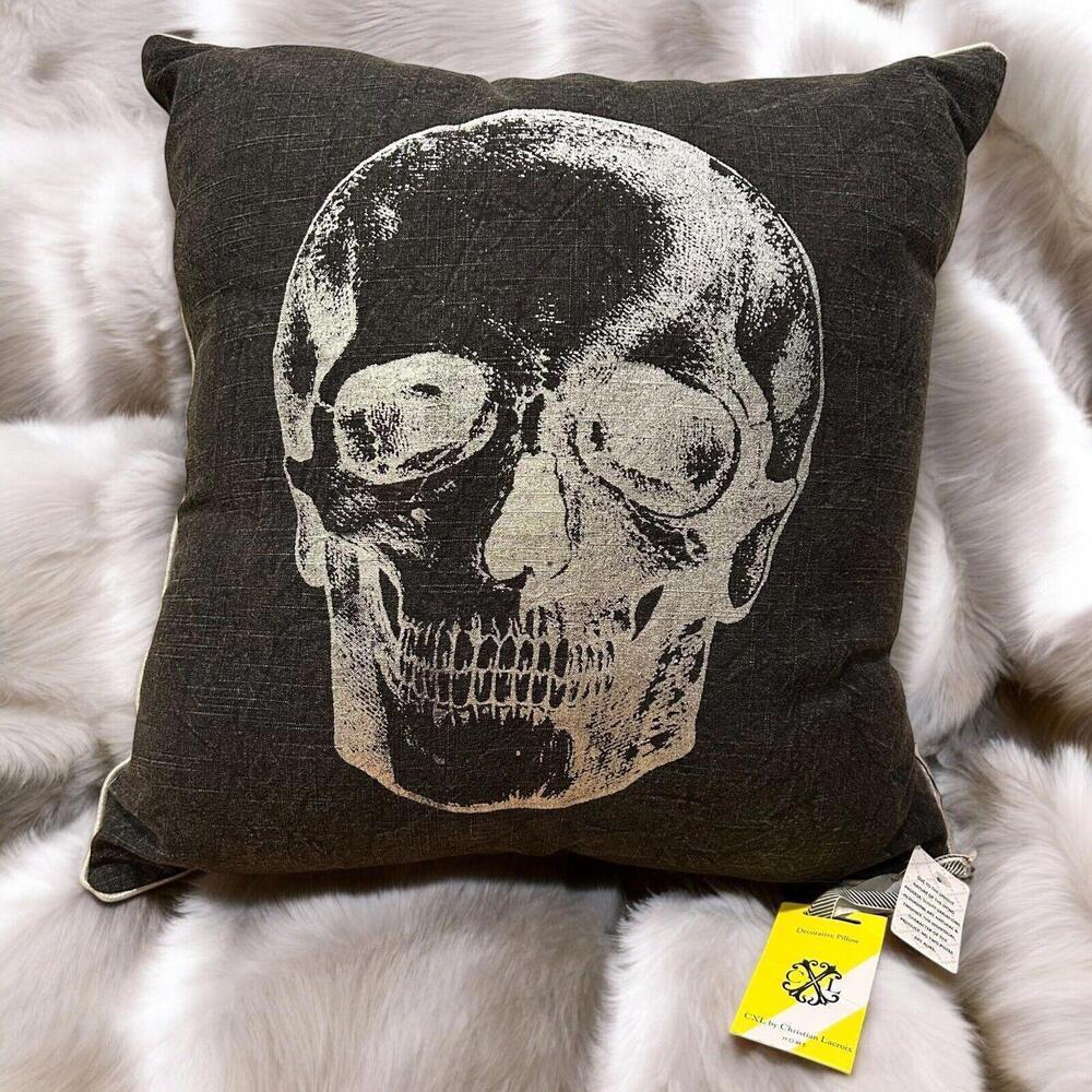 Christian LaCroix Square Black Pink White Skull Floral Pillow Accent Skeleton
